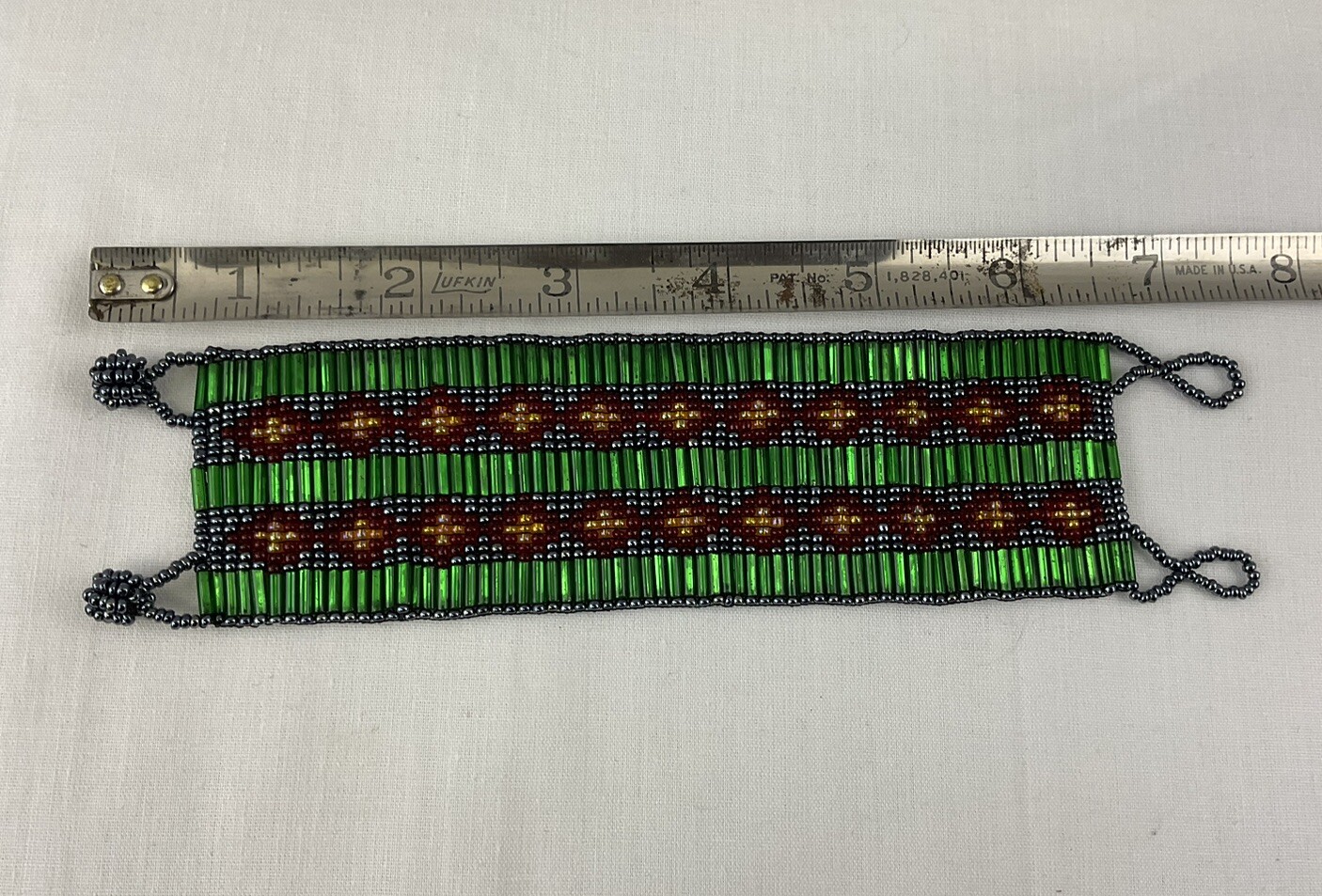 Glass Beaded Bracelet Aztec Style Black Gold Green Red L 7-1/2” x W2”