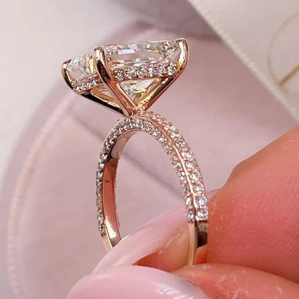 5.59 TCW Emerald Moissanite Hidden Halo Engagement Ring 14K Yellow Gold Plated