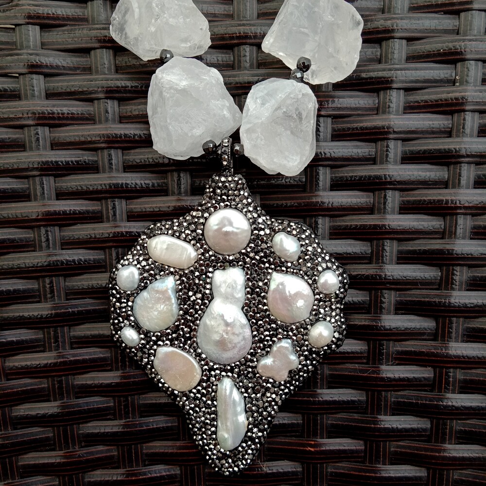 White Quartz Rough Necklace big pendant white pearl black crystal pave Pendant