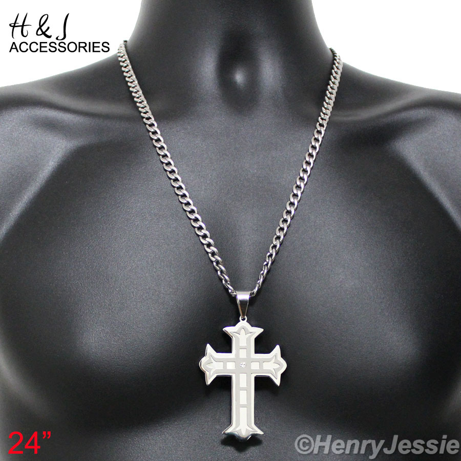 18-40″MEN Stainless Steel 6mm Silver Cuban Curb Link Chain CZ Cross Pendant*PL5