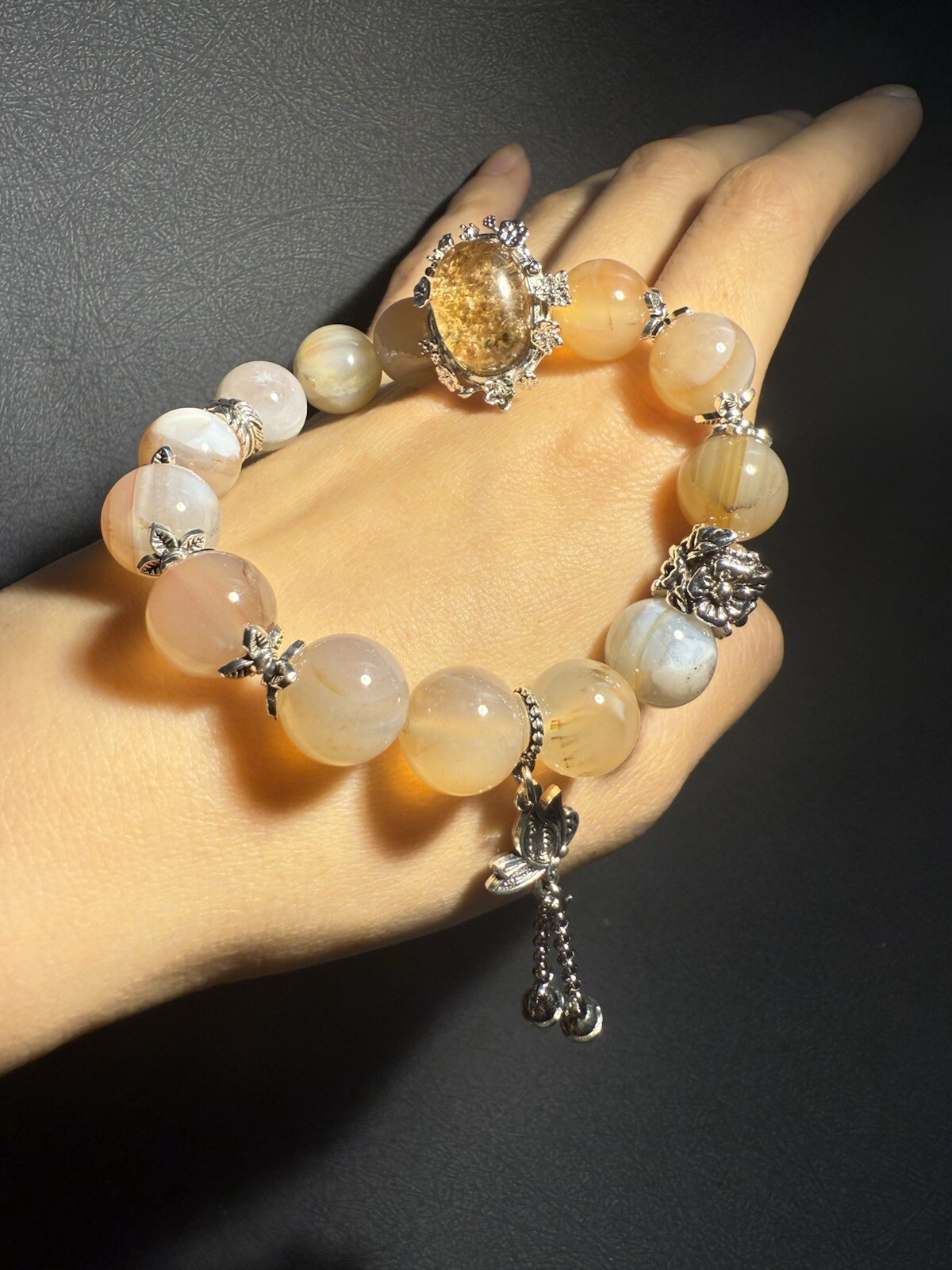 12.3mm 44g Natural Sugar Alashan Agate/Top grade Phantom Quartz Charm Bracelet
