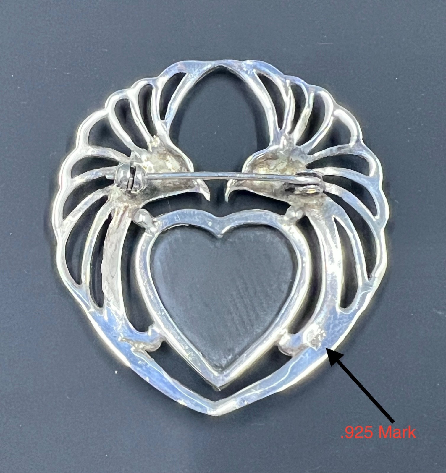 Vintage Sterling Silver 925 Marcasite Peacock Heart Brooch Black Cabochon