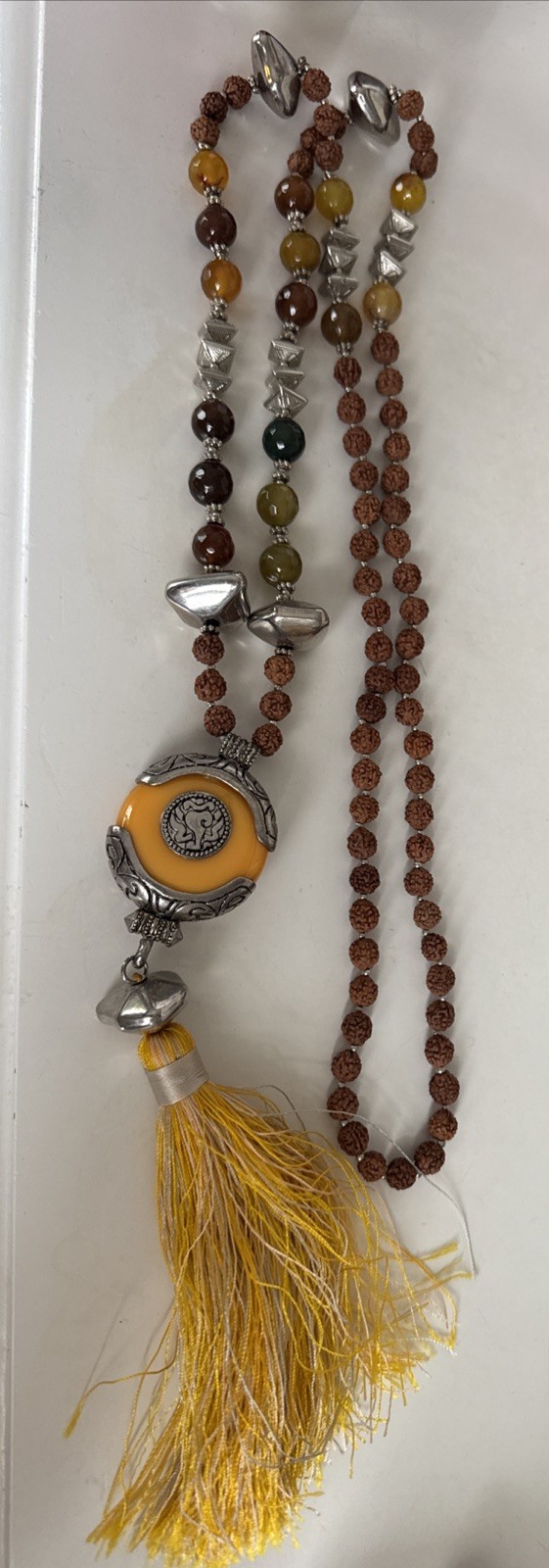 Nepali Rudraksha Rudraksh Agate Necklace w Silver Beads Amulet & Yellow Tassel