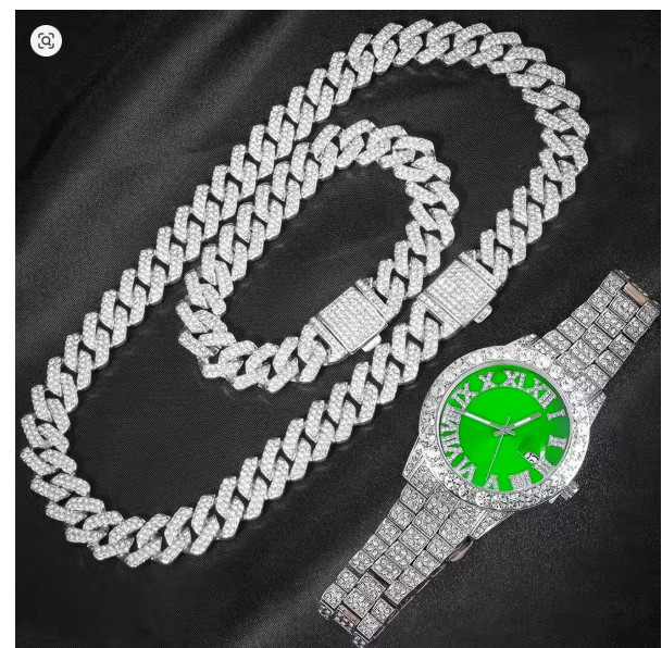 3pc Men Iced Out Jewelry Set Cuban Link Chain Bracelet Red Dial Watch Hip Hop
