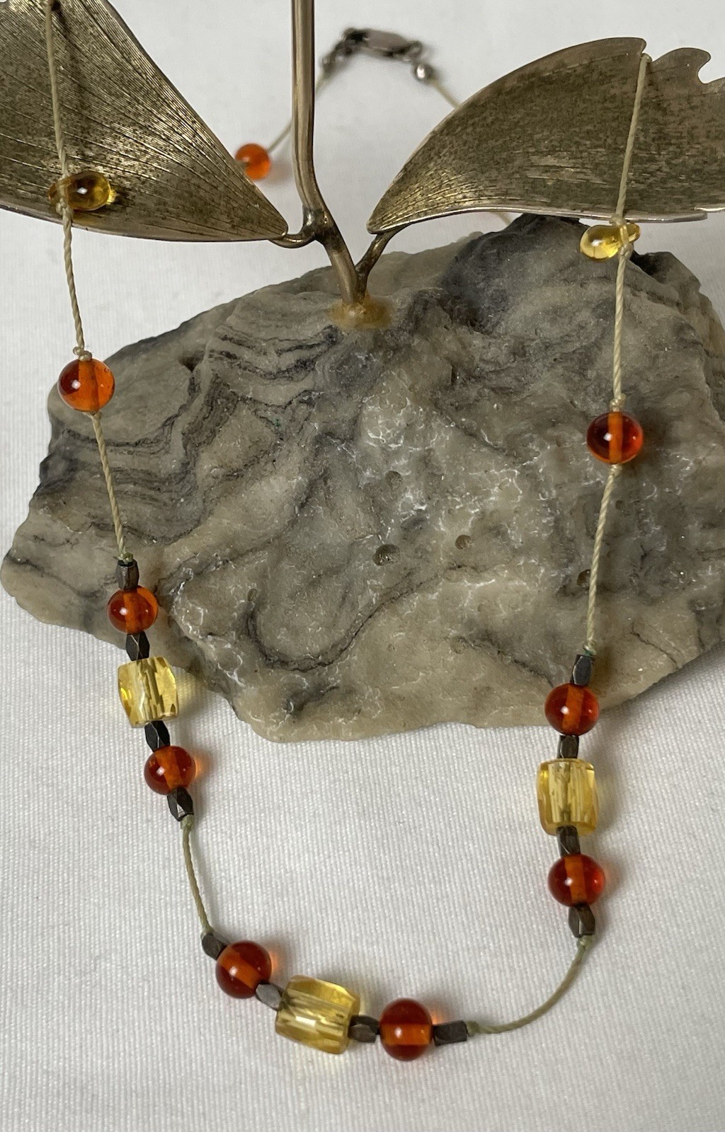 Vtg Amber Citrine Beaded Necklace 19” 925 Sterling Silver Clasp Nylon Cord 12.8g