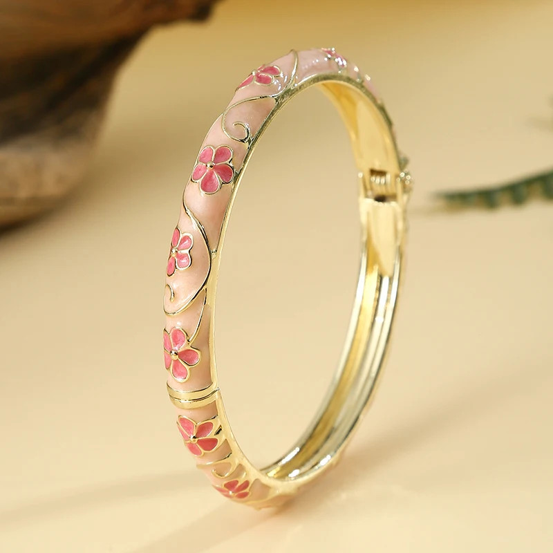 Flower Pattern Enamel Cloisonne Bracelet for Women Retro Gold Color Plated Bangl