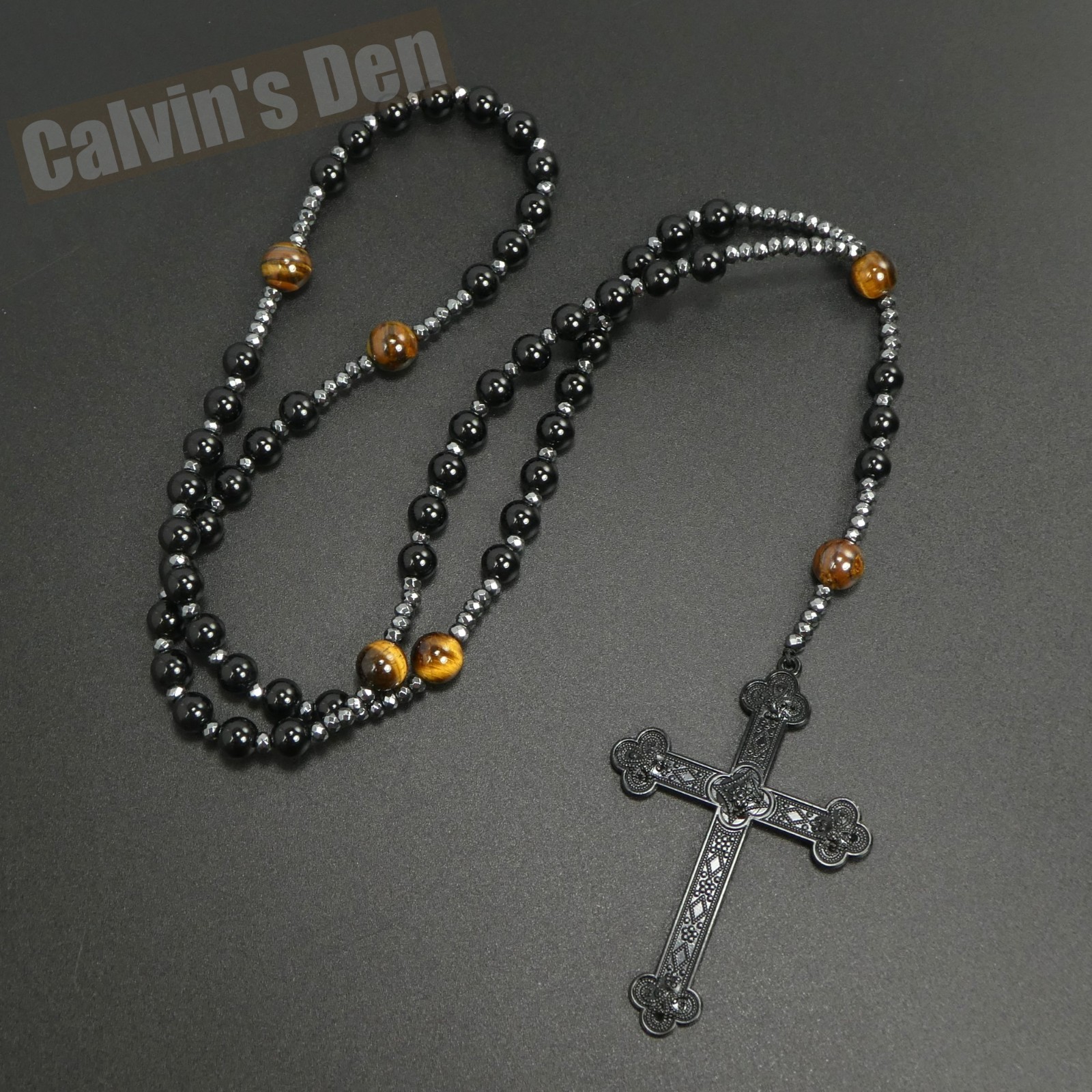 Large Gothic Punk Cross Pendant Tiger Eye Black Onyx Beads Rosary Necklace Men