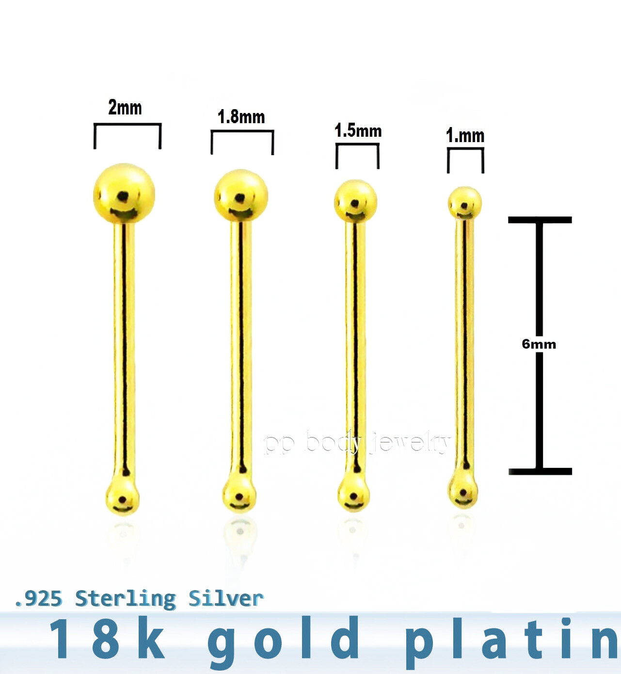 1pc 18K Gold Plated 925 Sterling Silver Nose Bone 22G 1.mm 1.5mm 1.8mm 2mm Ball