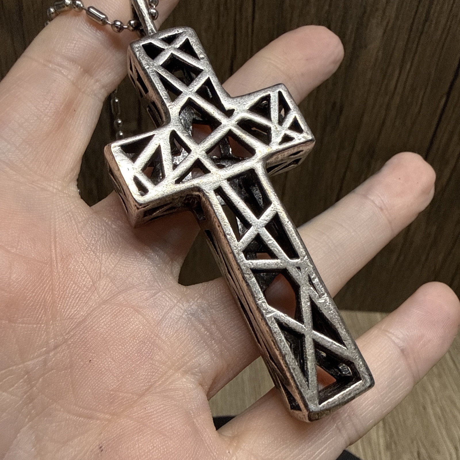 RETRO Chunky Openwork Cross Pendant Necklace Silver Tone 92cm/36″ Long Goth