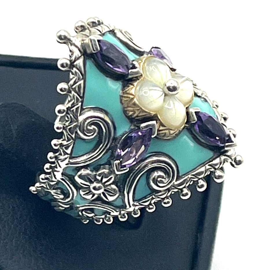 Barbara Bixby Ring Sz 8 Turquoise Amethyst MOP Lotus Sterling 925 and 18k Accent