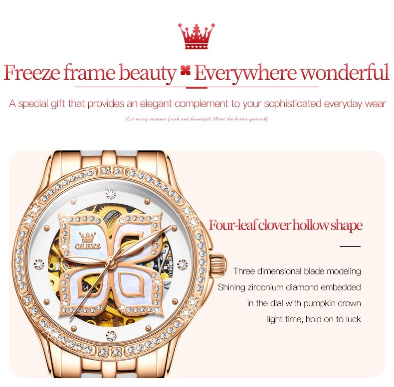 OLEVS 6612 Leather Ceramic Fashion Automatic Female Dress Mechanical Wristwatch