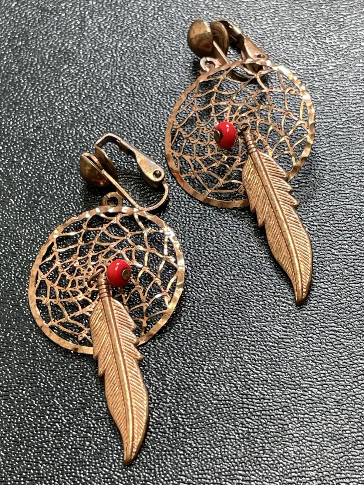 Vintage 2.2” Copper Dream Catcher Red Bead Feather Bohemian Clip Earrings