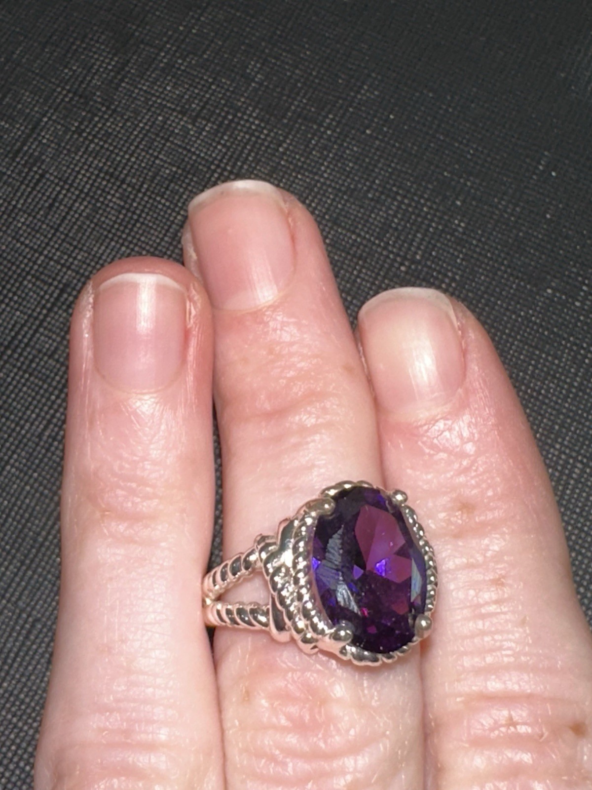 NVC Silver Tone Cocktail Ring Size 7 Oval Purple Stone Braided Prong