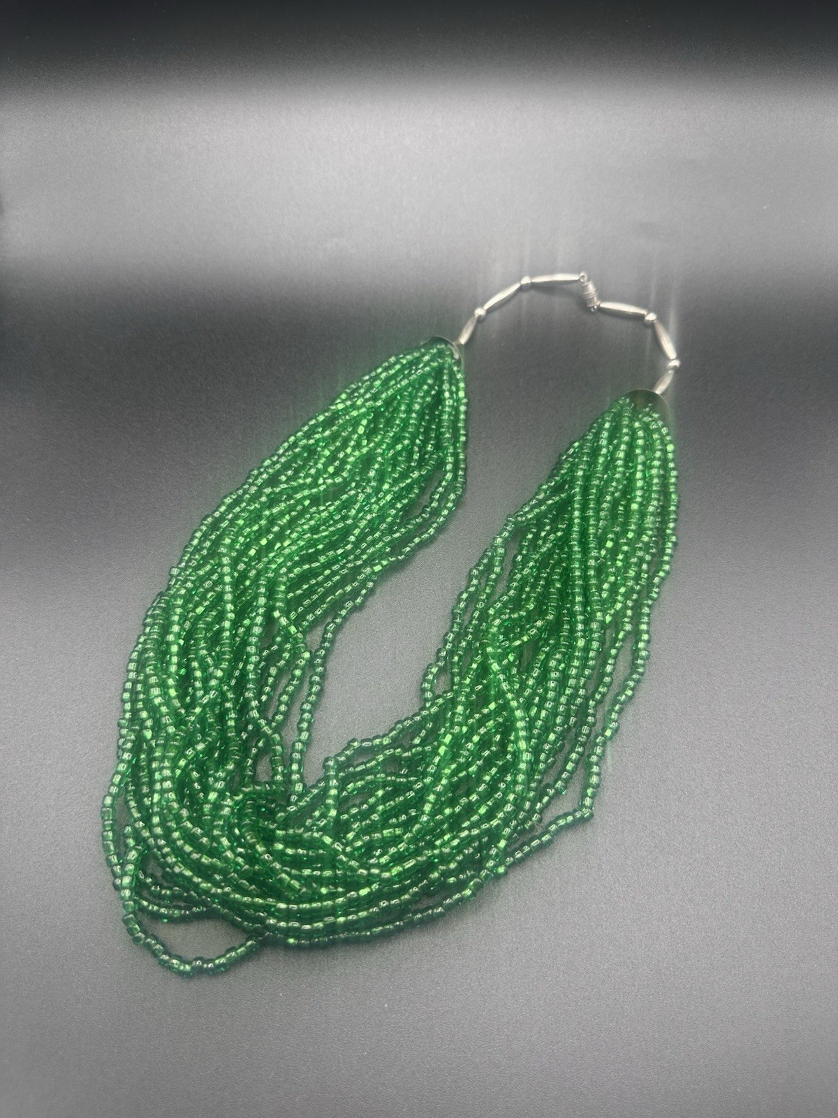 Vintage Southwestern Multi Strand Green Glass Seed Bead Necklace Silver Tone