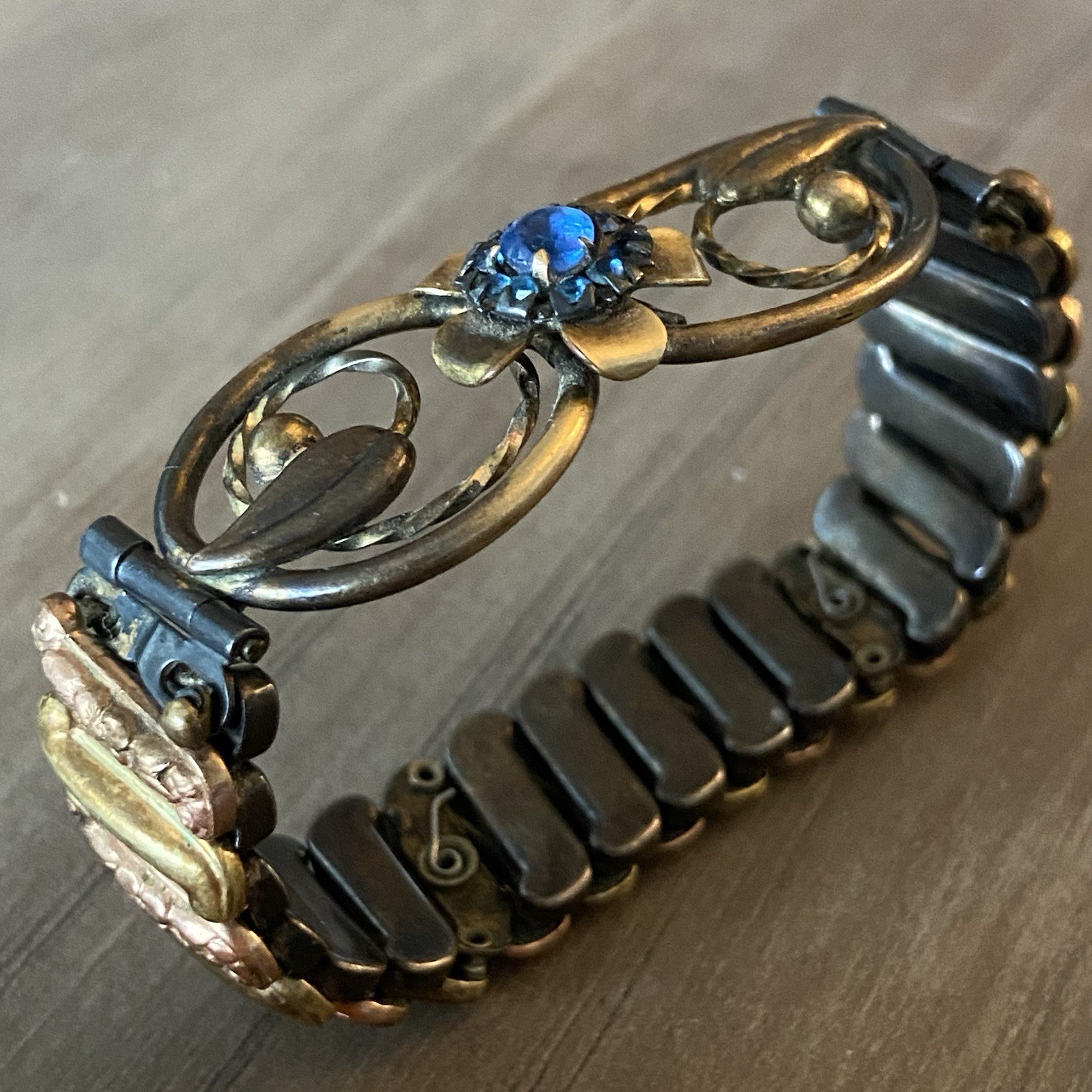 Vintage Lustern Bracelet 12K Gold Filled on Sterling w/Blue Gem Floral Accent