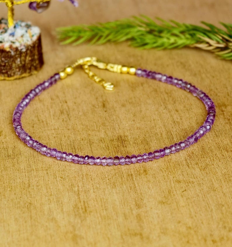 2-3MM Dainty Purple Amethyst Faceted Round Gemstone Beaded Unisex Bracelet 6-8”