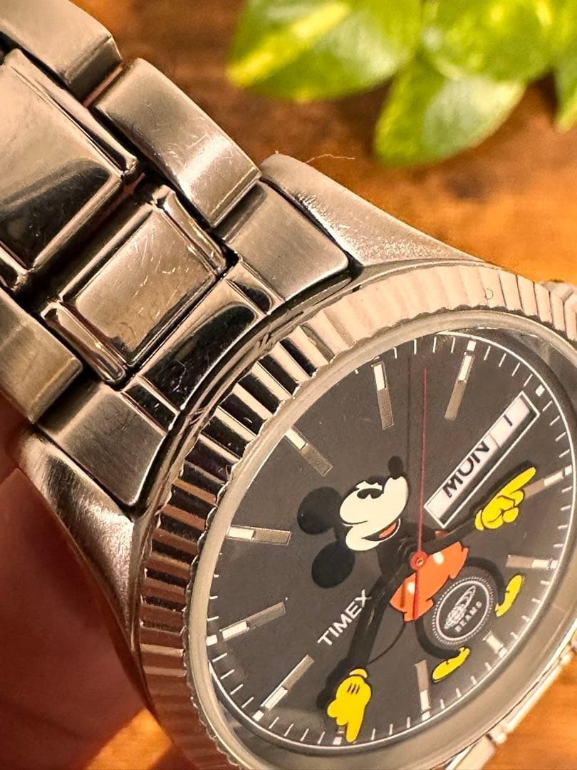 BEAMS × TIMEX Mickey Mouse Wristwatch Black/Silver Anime Manga from Japan Used