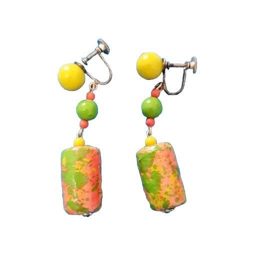 Vintage Green Orange Yellow Bead Boho Earrings Screw Back