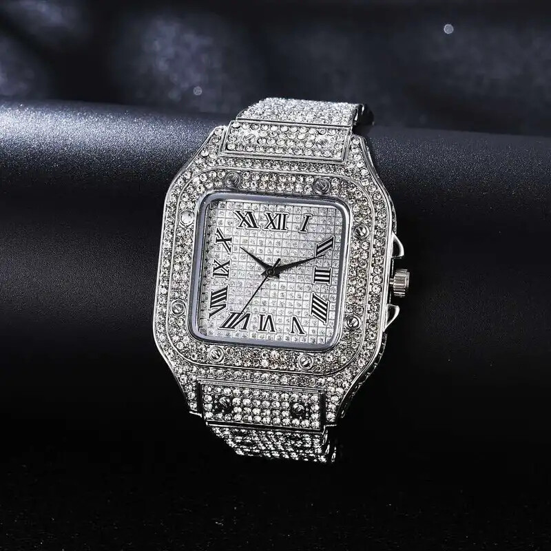 MEN’S ICED LUXURY GOLD PLATED SIMULATED DIAMOND METAL BAND WRIST SQUARE WATCH