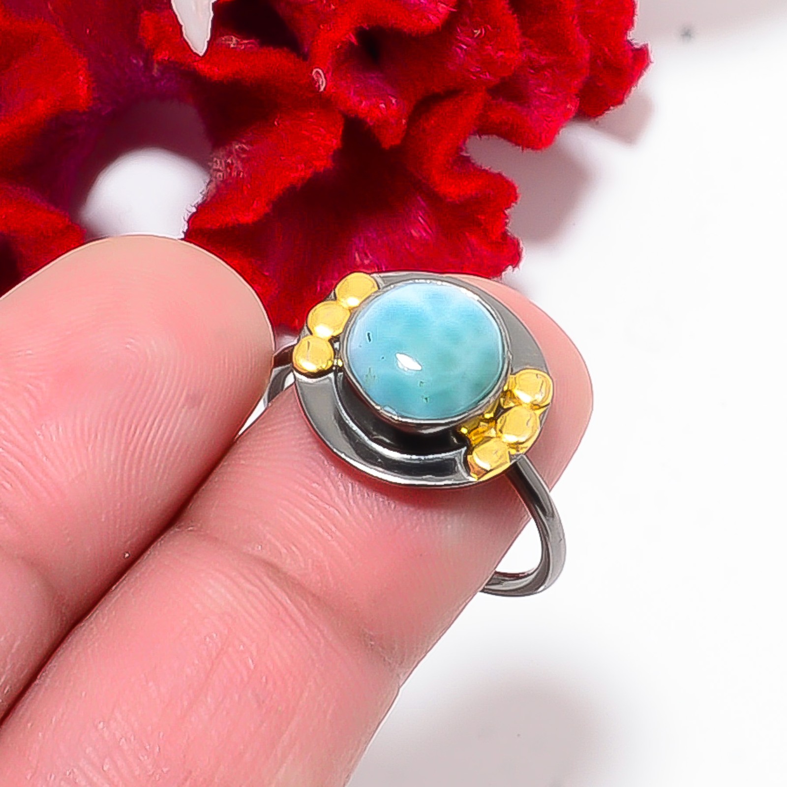 Larimar Black And Gold Plated 925 Sterling Silver Ring S.8.5 R84459