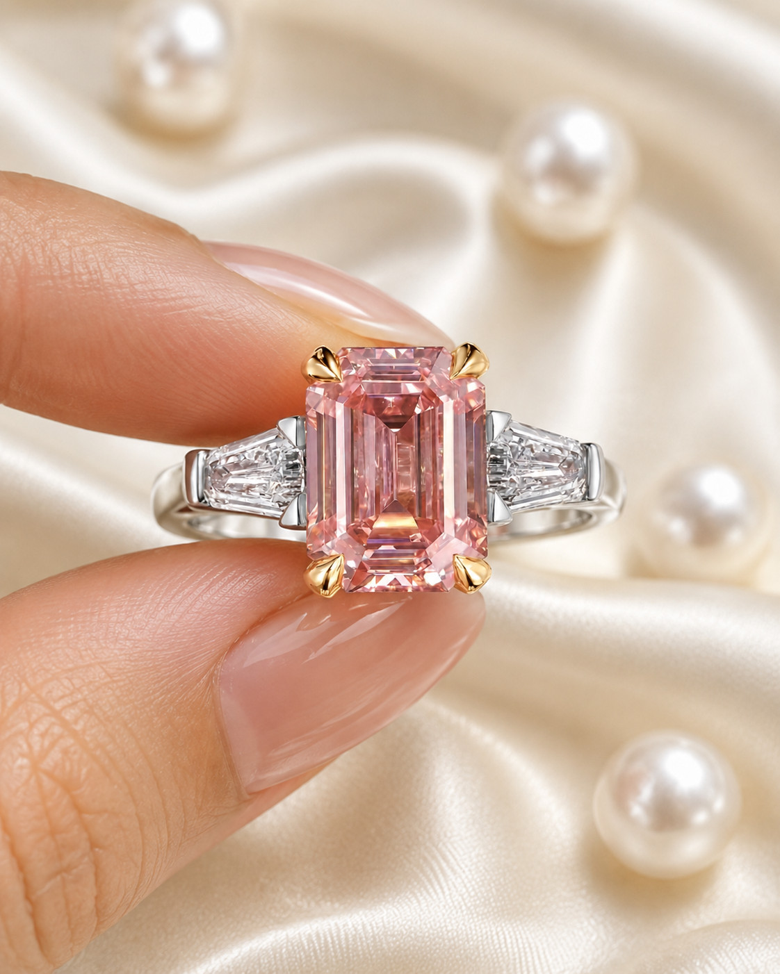 Fancy Intense Pink Diamond Ring 18k Multi Gold IGI Lab Grown 4.70 Ct Emerald Cut