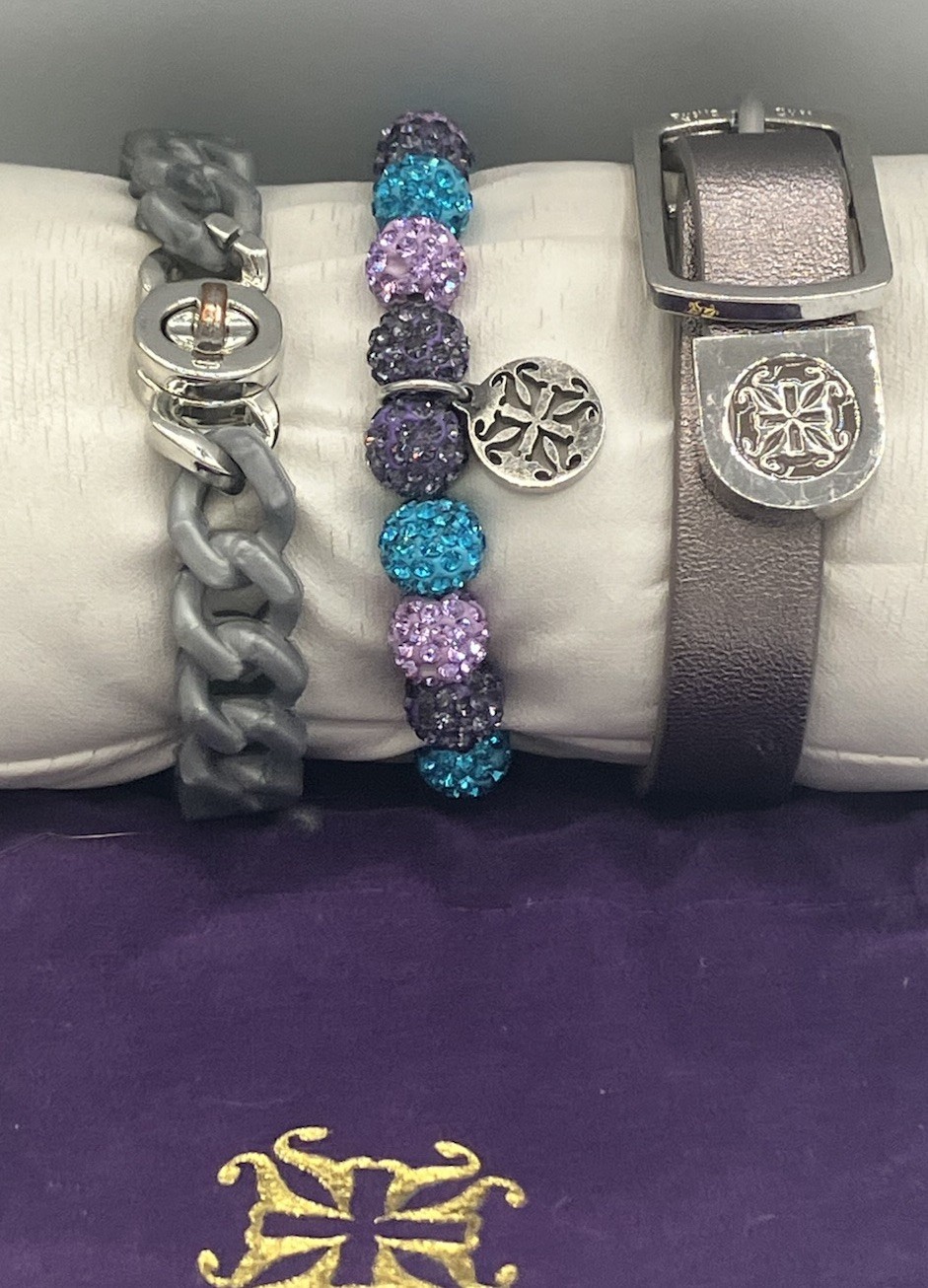 Rustic Cuff 3 Pc Bracelet Stack Gray Chain Purple Teal Crystal Leather RC Set
