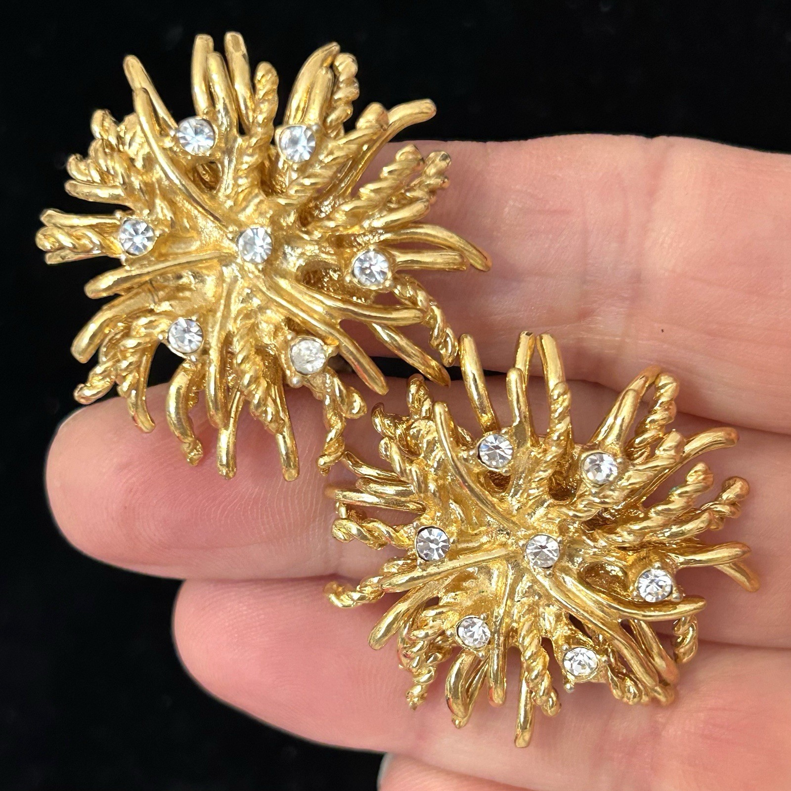 Vintage Nate Landau Earrings NLH Gold Tone Starburst Clip Rhinestone Statement