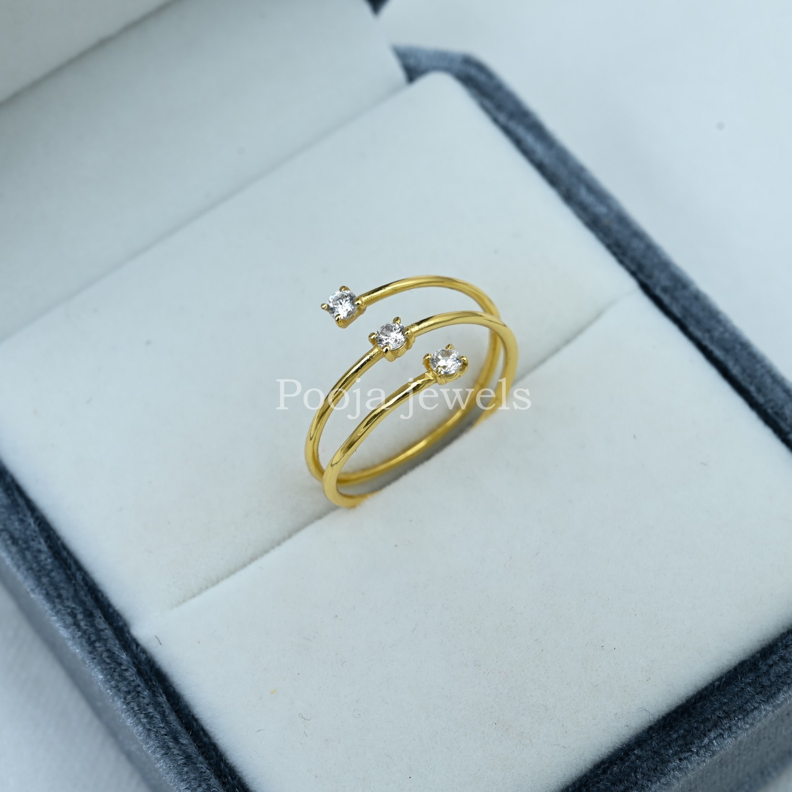 14K Yellow Gold Plated Triple Wrap Open Ring Round CZ Adjustable Minimalist Band