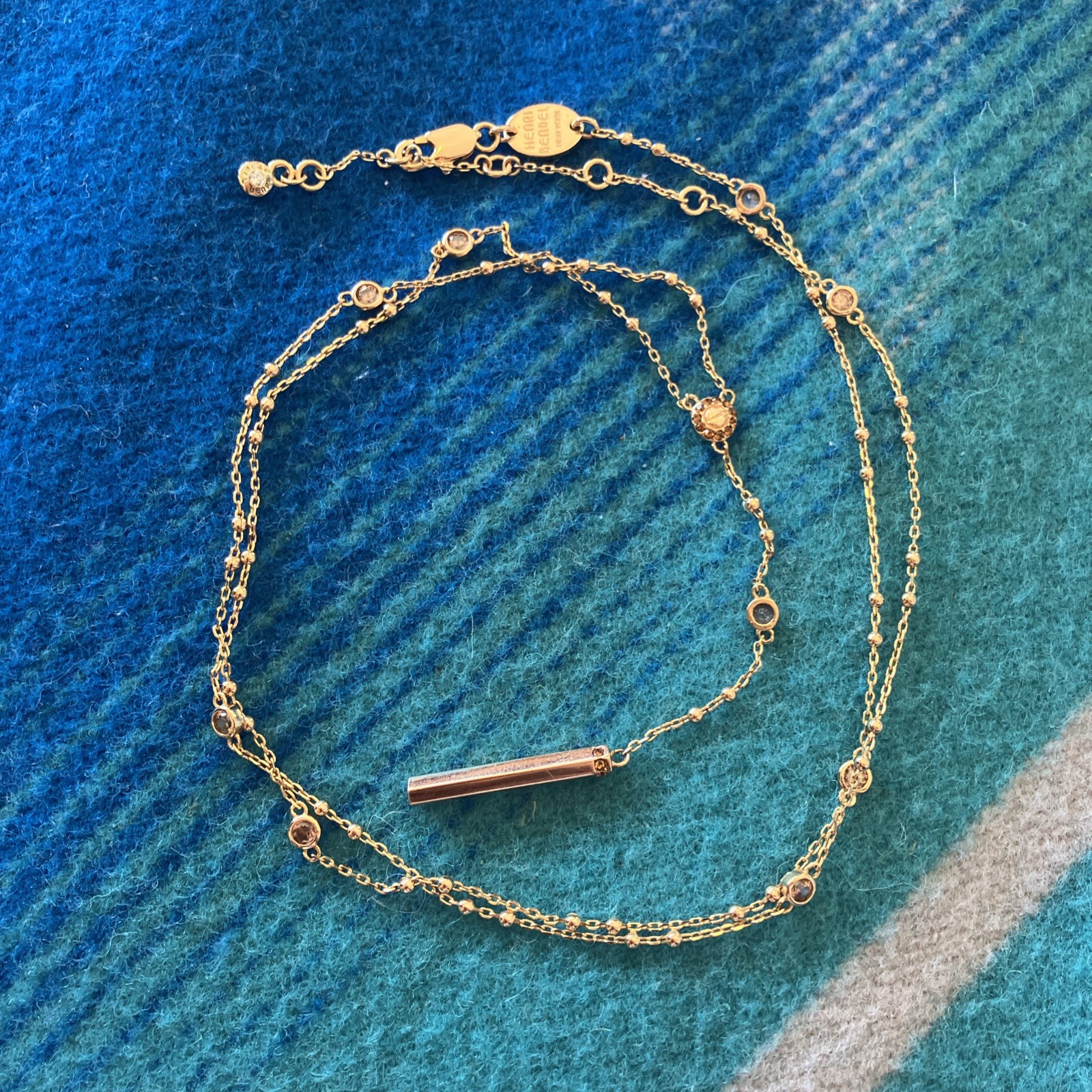 Henri Bendel Necklace Dainty Gold Toned 17inch Chain Pink Rhinestones Signed