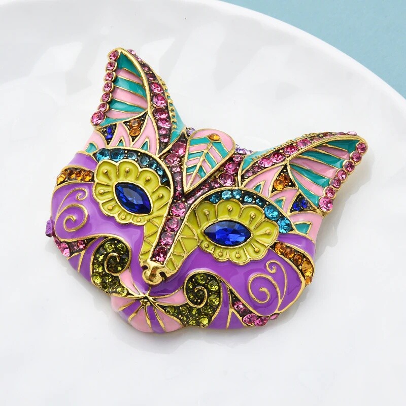 Enamel Cat Head Brooches Rhinestone Animal Women Party Pins Fashion Jewelry Gift
