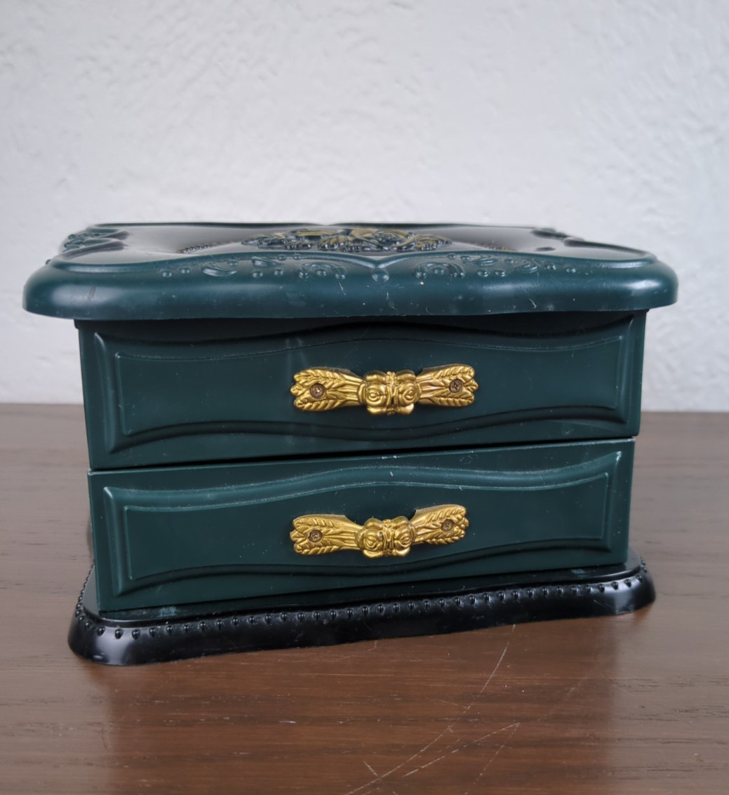 Plastic Table Top Dresser Drawer Jewelry Box Dark Green Gold Florals Paisley Fab