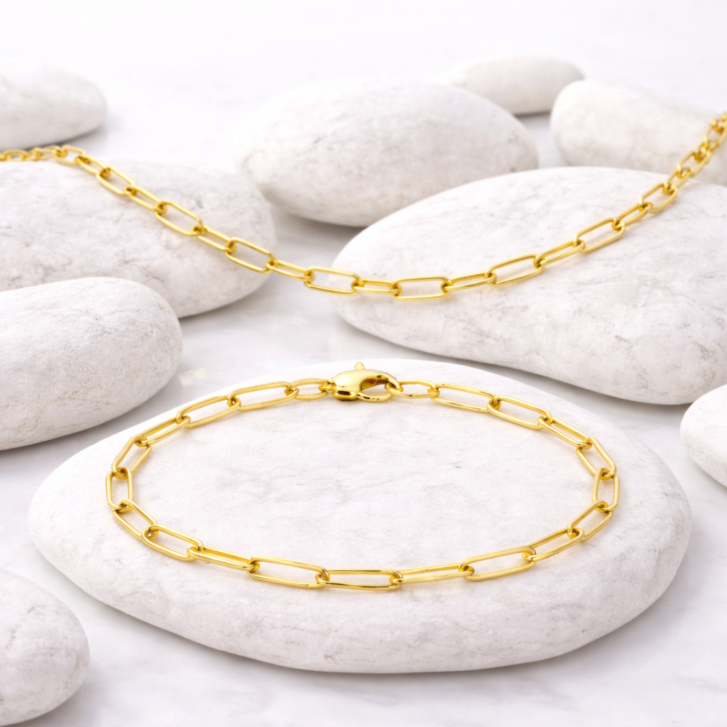 Italian 1/200 14k Yellow Gold Overlay Paperclip Chain Necklace Bracelet Set