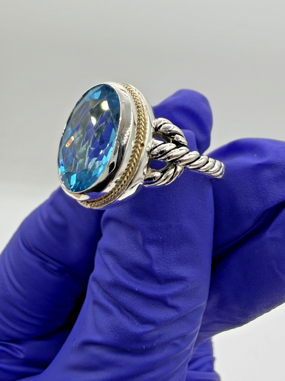 Designer Effy Sterling Silver & 18k Gold Oval Blue Topaz Twisted Cable Ring Sz 7