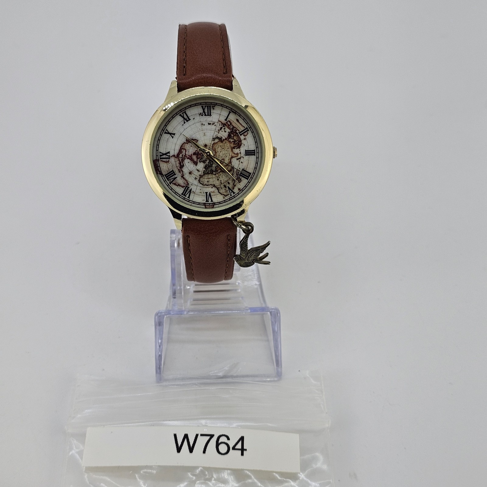 Women’s World Map Watch 38MM Multicolor Dial Brown Leather Bands NEW Battery