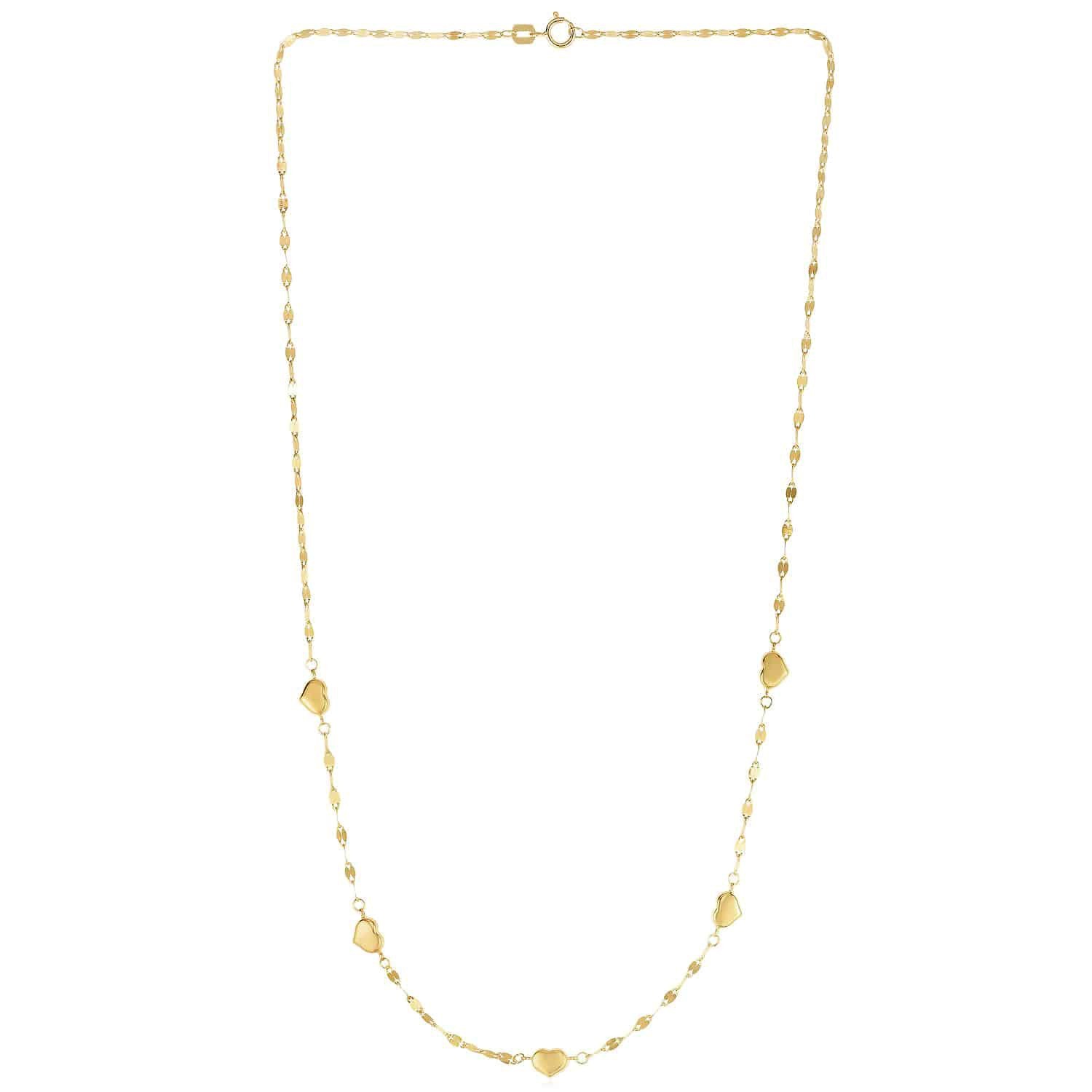 14K Gold 2mm Mirror-Link Heart Charms Chain Necklace 18″