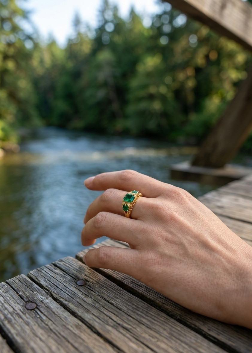Emerald Natural Emerald & Diamond Wedding Gift Ring 14k Yellow Gold(Import Free)