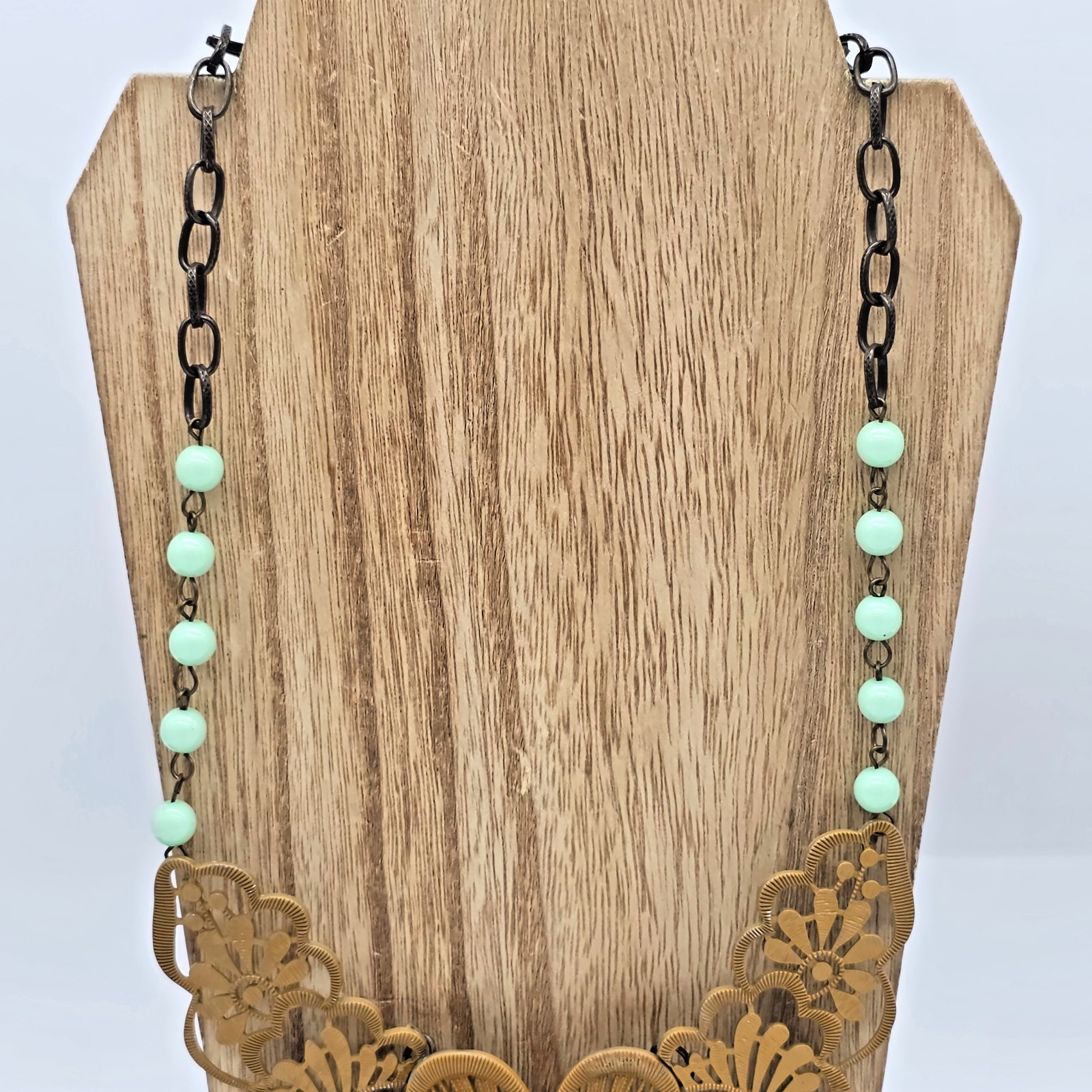 Plunder MAIZIE Bib Necklace Mustard Yellow Floral Lace Mint Green Beads 22”
