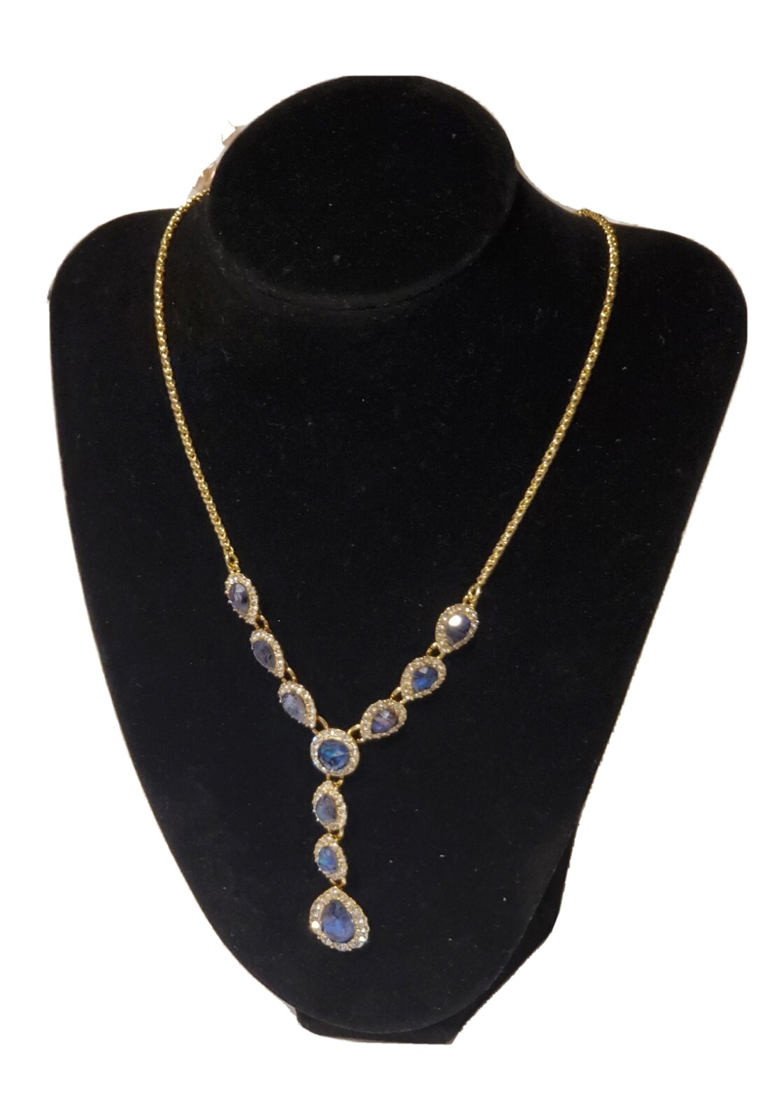 Crystal & Stone Lariat Gold-Tone Necklace, 17″ + 2″ extender, Blue
