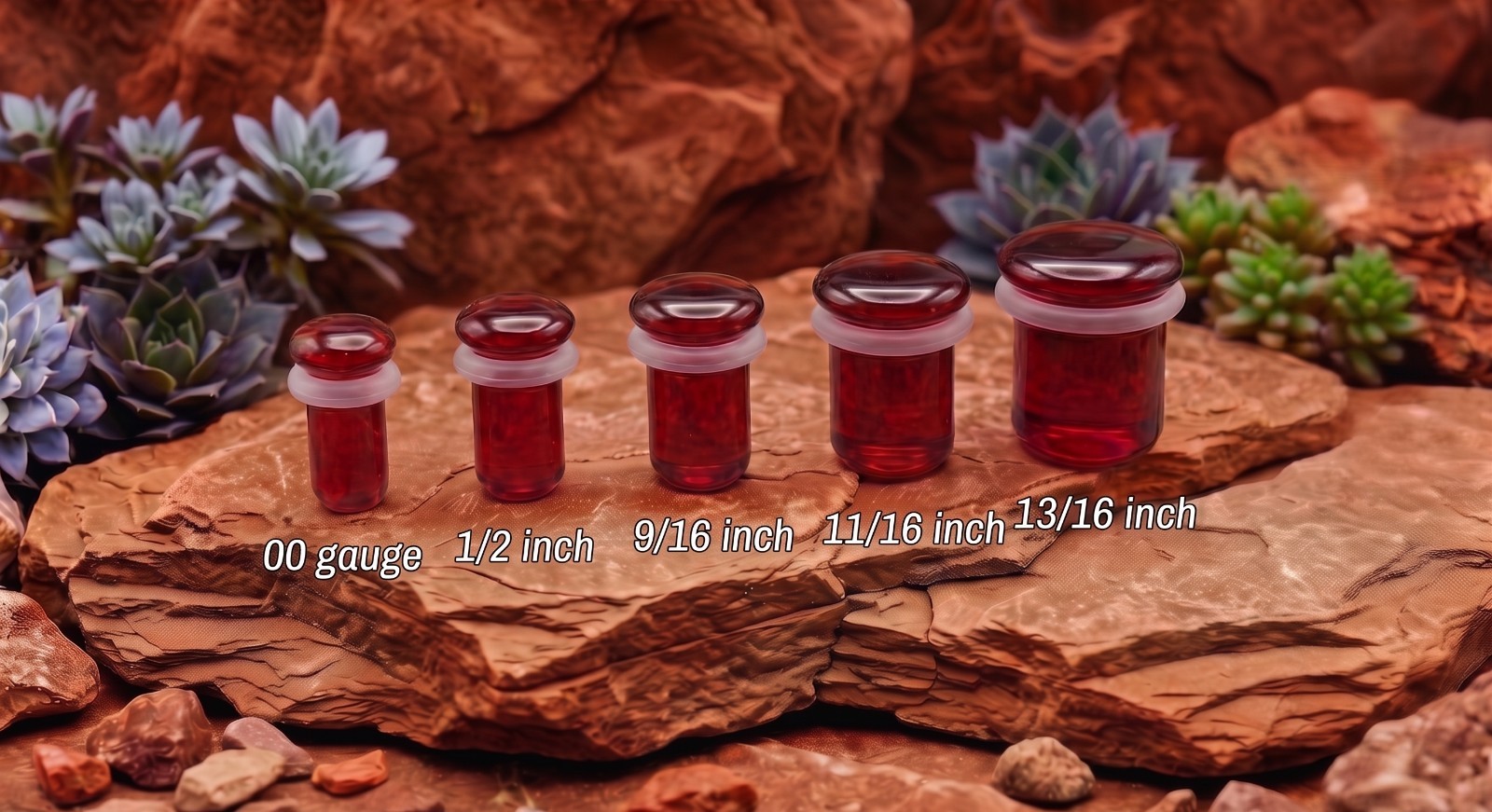 Pairs of Red Glass Single Flare Plugs with O Rings Sizes 8GA-13/16 Inch E610