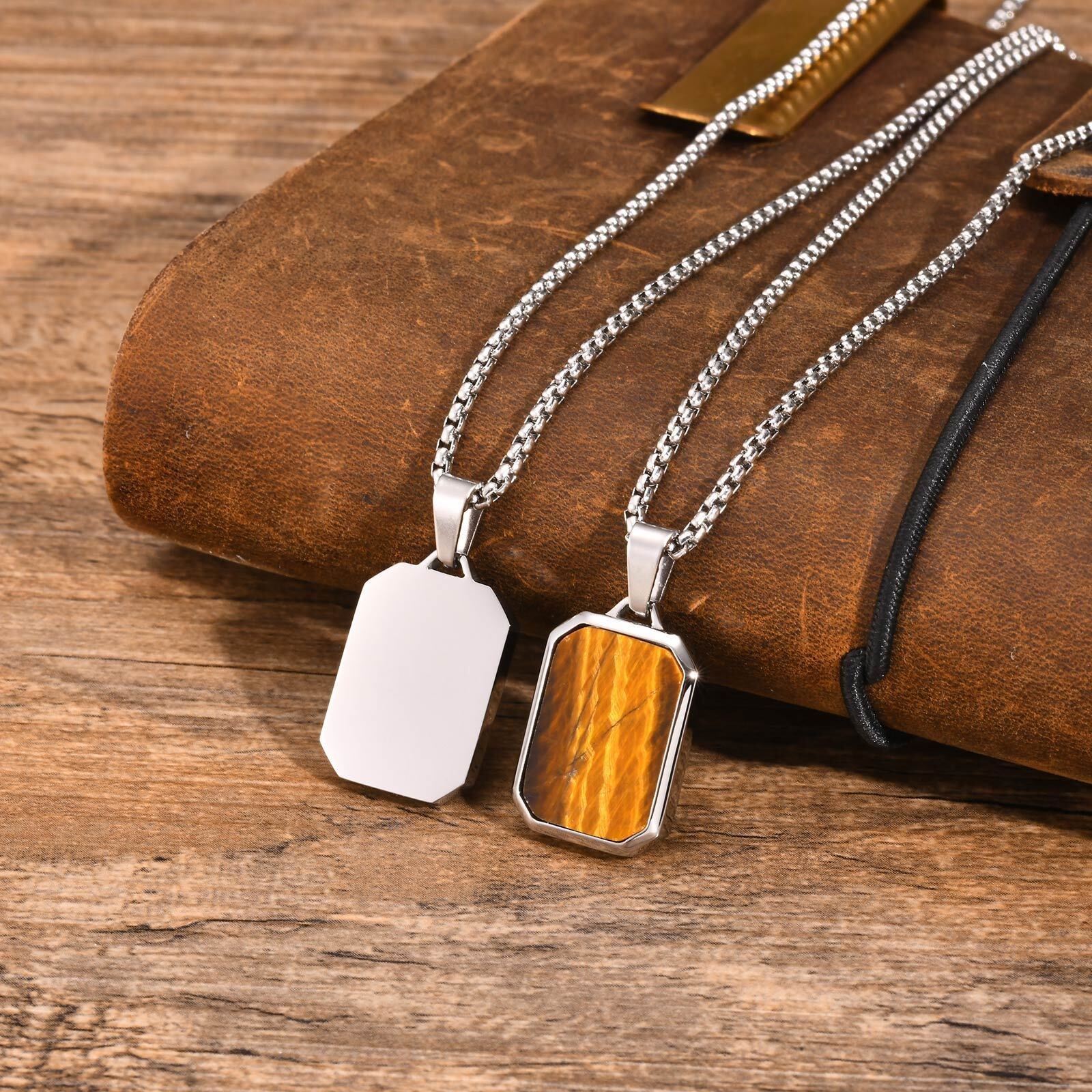 Stainless Steel Necklace Square Lapis Lazuli Pendant Tiger Eye Stone Premium