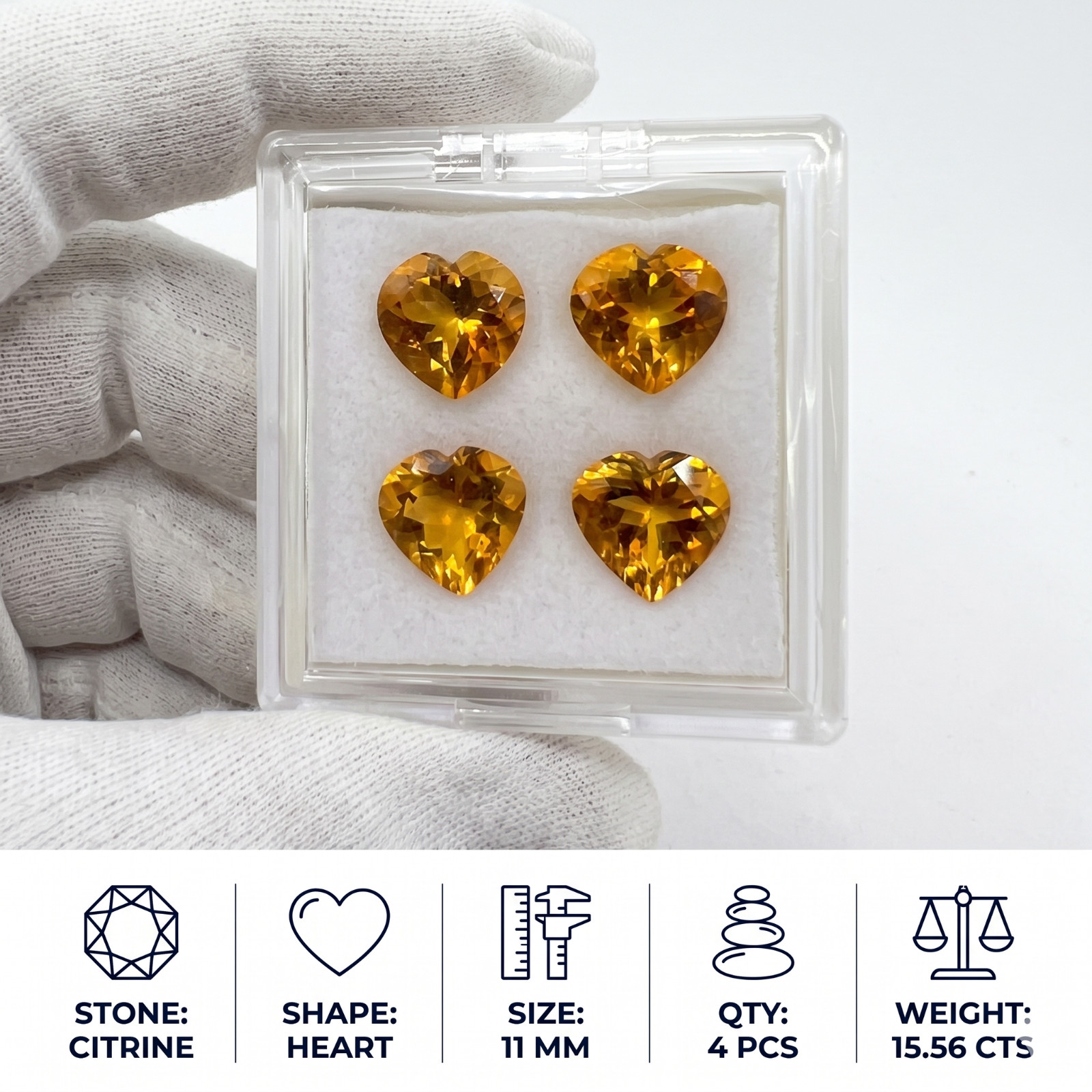 Natural Citrine 11 MM Heart Faceted Cut 4 Pcs Lot Yellow Gemstone 15.56 Cts.