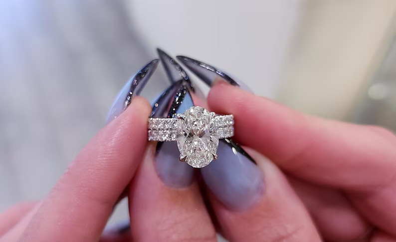 4.90 Ct Oval-Cut EF/VS1 Lab Grown Diamond Engagement Ring Set 14k White Gold