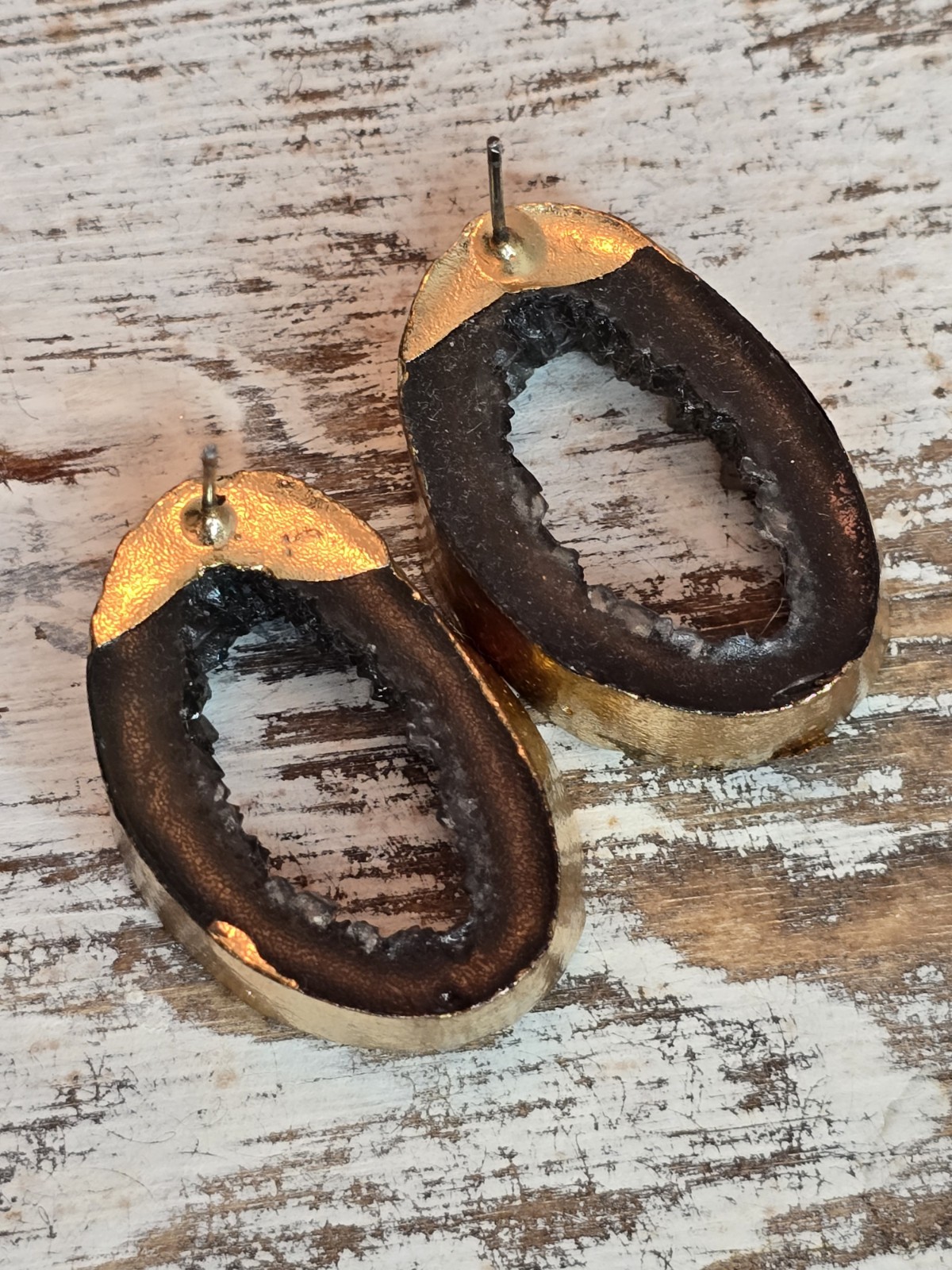 Geode Druzy Statement Earrings Gold Tone Black Crystal Slice Jewelry #262
