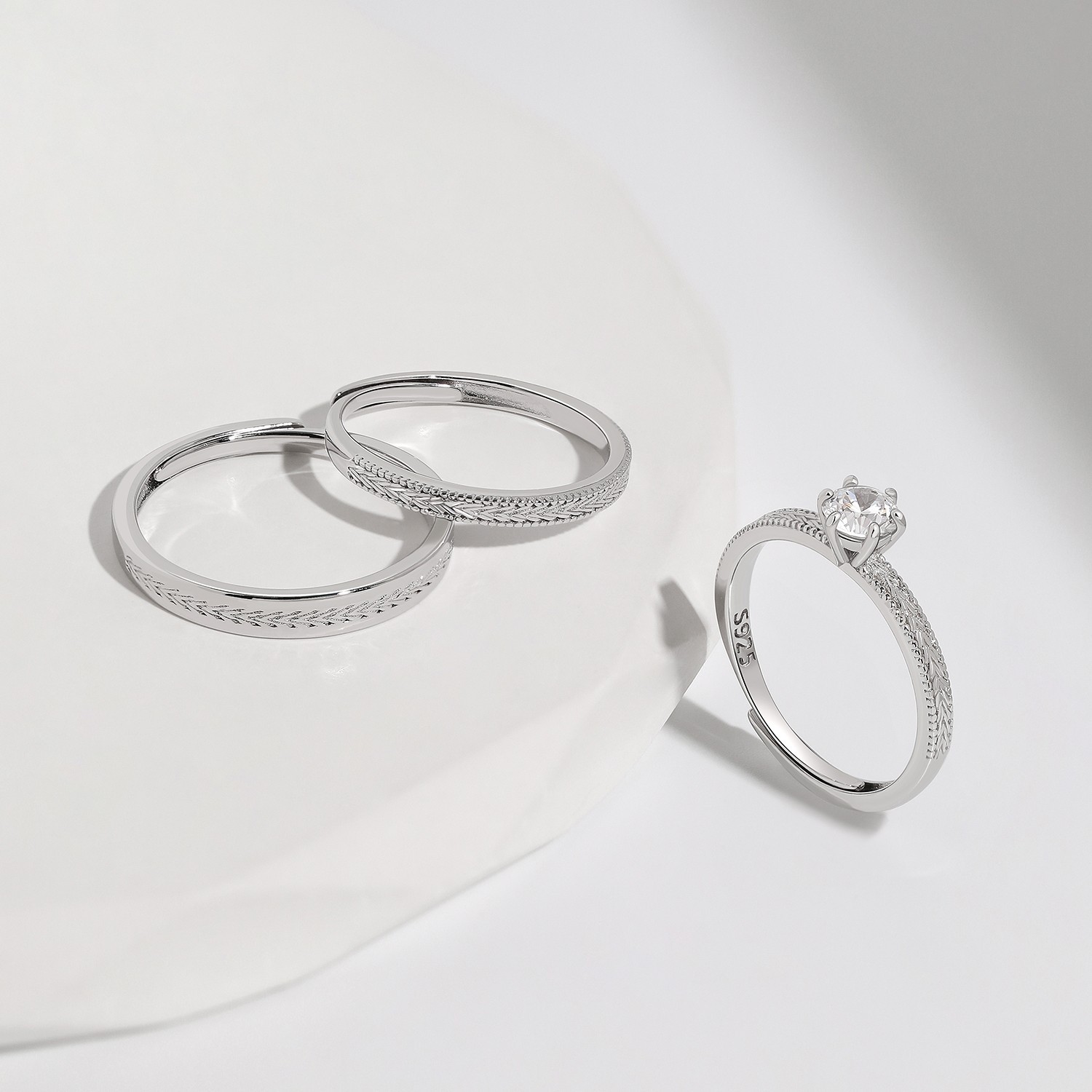 Meissa S925 Silver CZ Couple Ring Set of 3 Engagement Promise Anniversary Rings