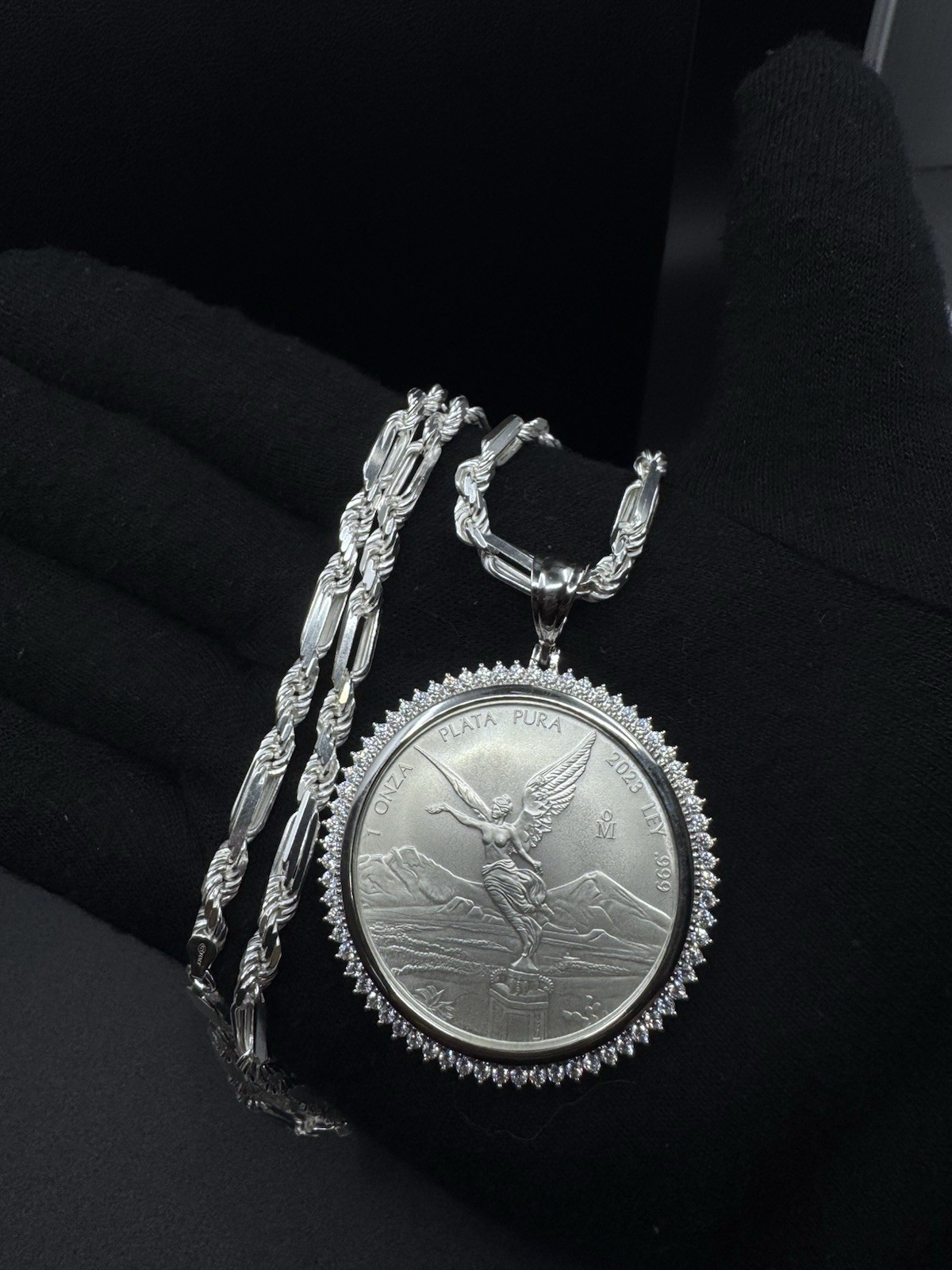 1oz 999 Libertad Centenario Coin with 925 Figarope Milano Chain Set CZ Bezel 24″