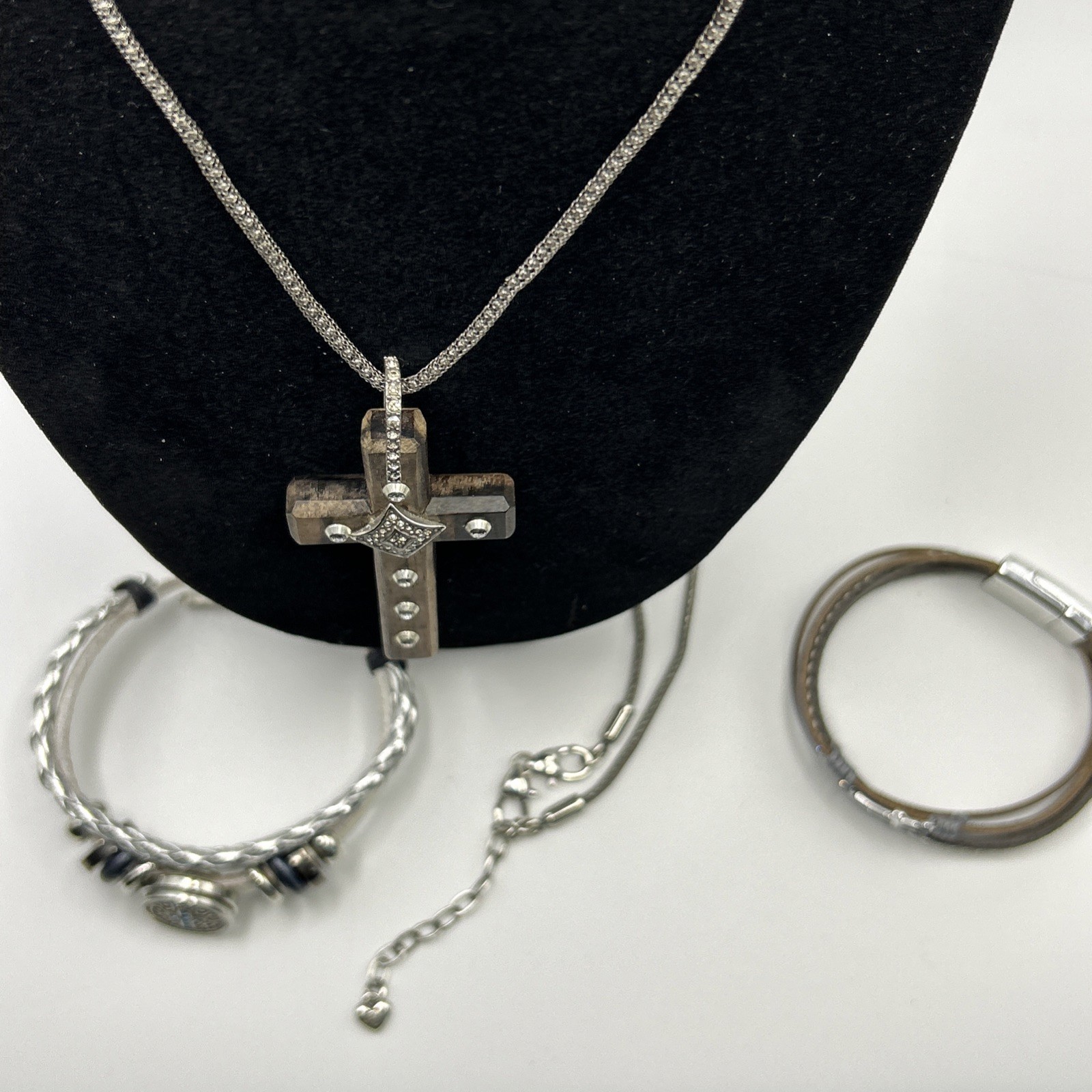 Brighton Byzantine Cross Necklace- silver chain- brown wood Cross – crystals