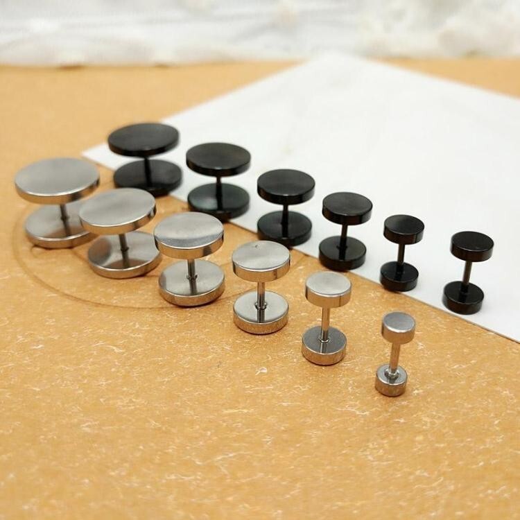 1 Pair Stud Earrings Mens Womens Faux Gauges Ear Tunnel Stainless Steel Earrings