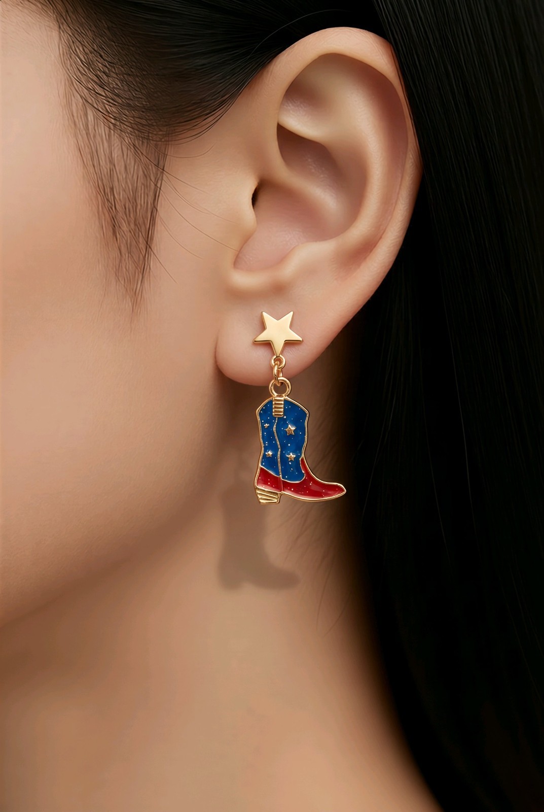 Patriotic Cowboy Boot Dangle Earrings Fourth of July Red White Blue Western Star