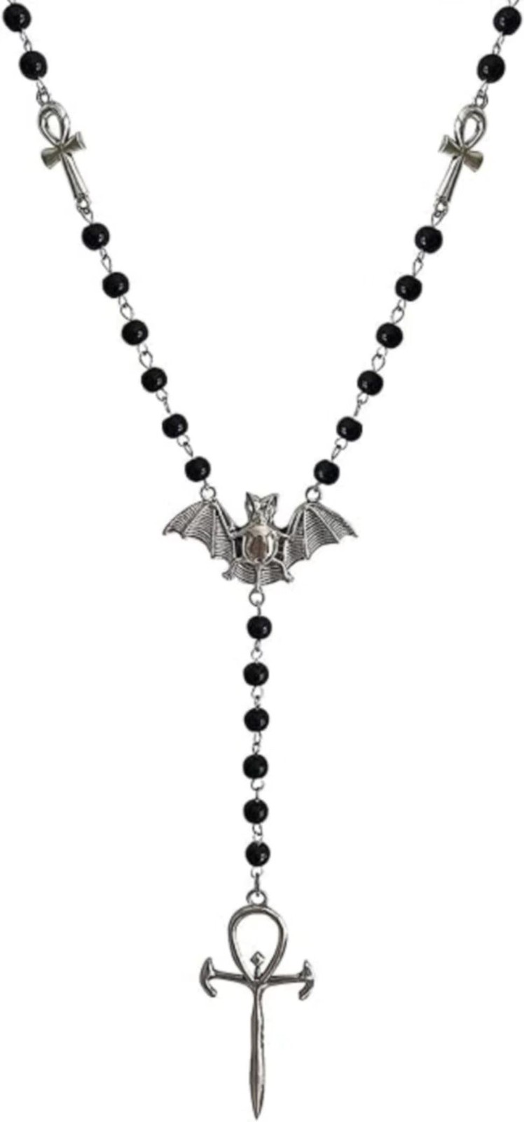 Ankh Cross Bat Necklace Religious Grunge Gothic Vampire Black Long Rosary Bea…