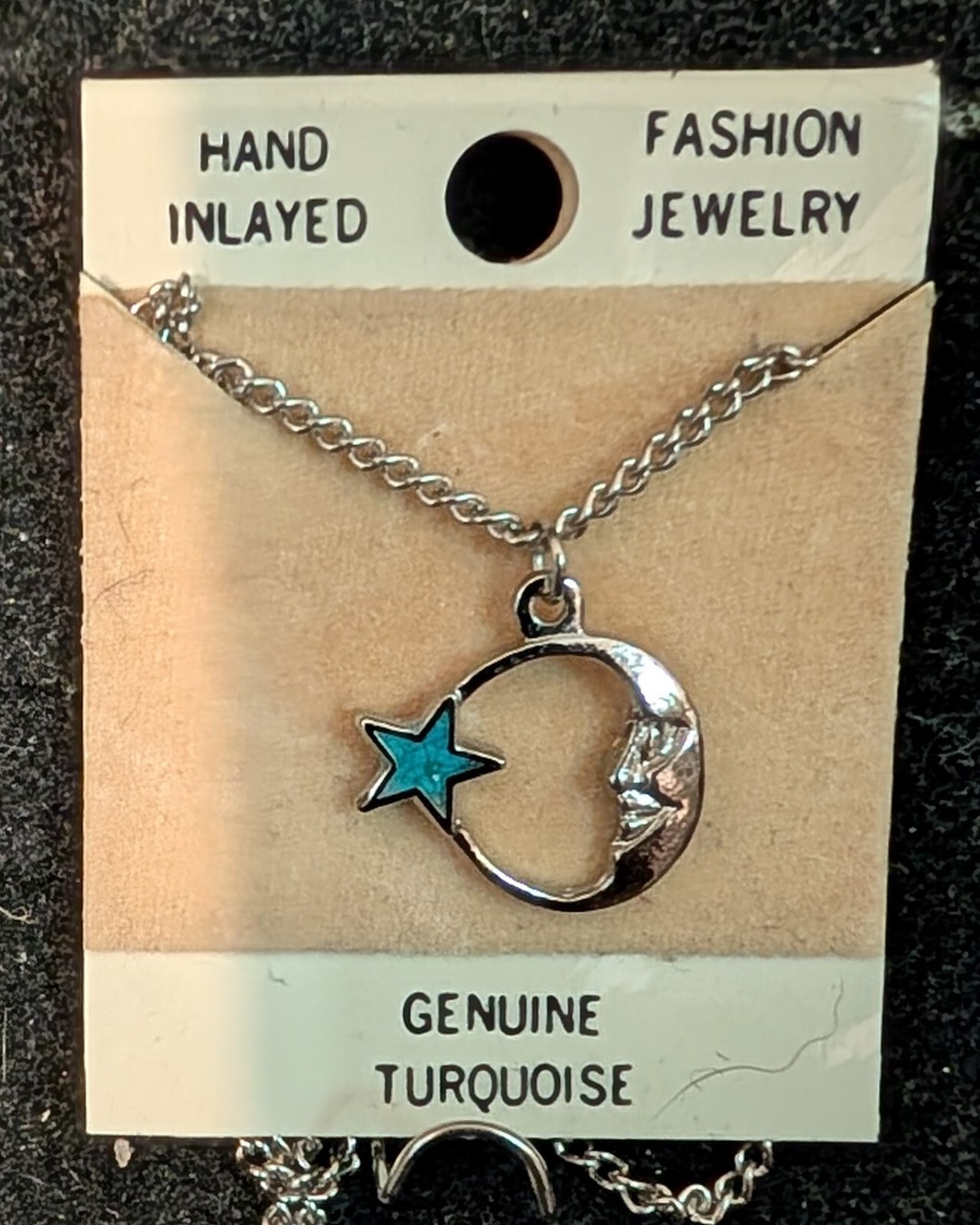 Vintage Nickle Silver Necklace Medium Star & Moon Turq. Resin Filled Size 3/4″